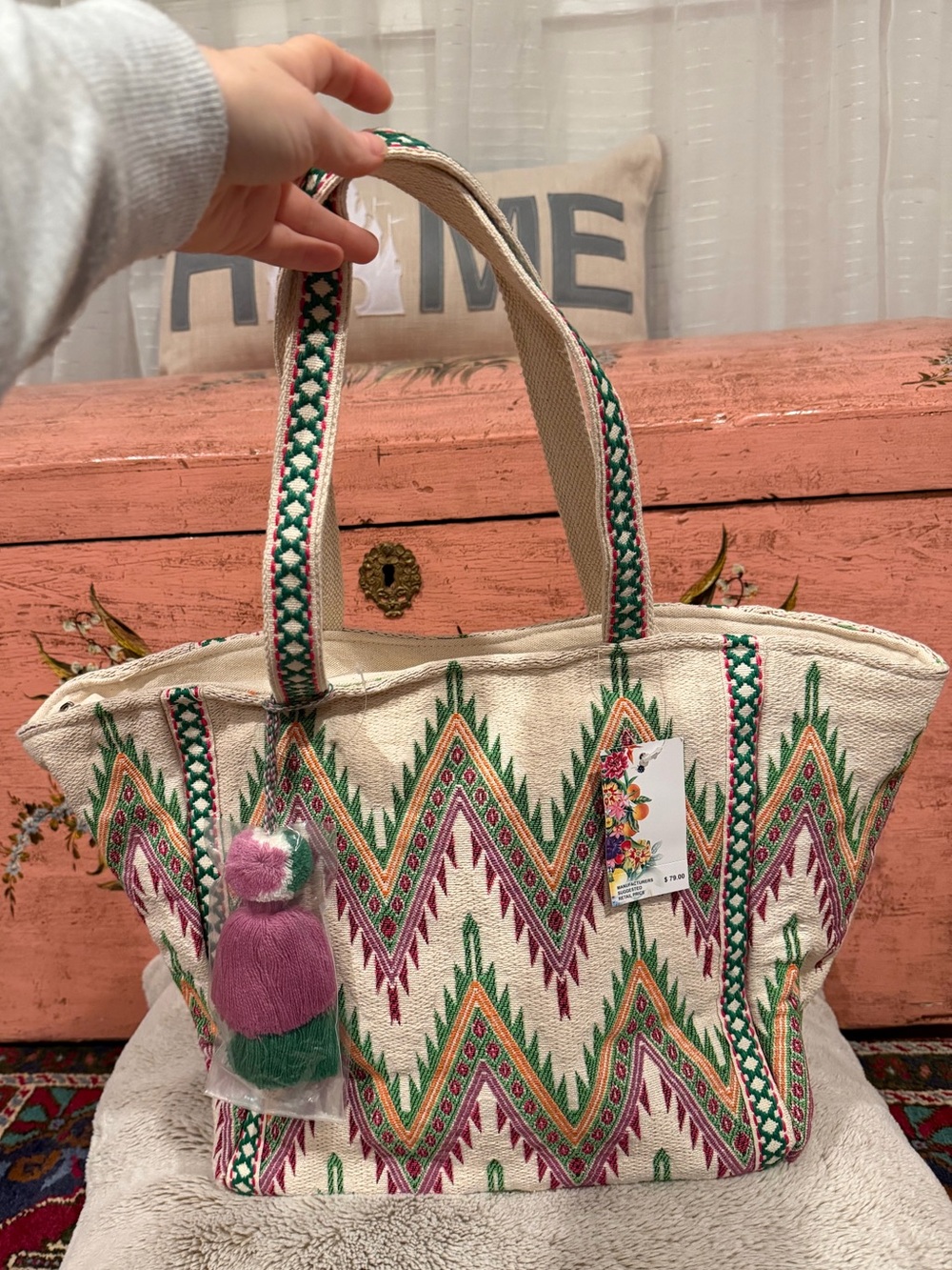 AMERICA & BEYOND Heavy Canvas Southwest Embroidered Tote Shoulder Bag